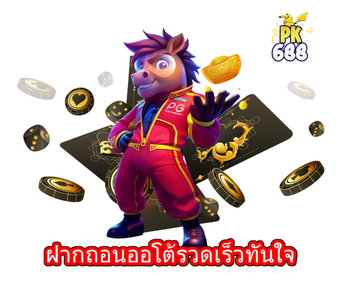 ตัวการ์ตูนม้าสไตล์เกมใส่ชุดสีแดงถือเหรียญทอง มีชิปคาสิโน ไพ่ และลูกเต๋าลอยรอบตัว พร้อมข้อความฝากถอนออโต้รวดเร็วทันใจ และโลโก้ PK688